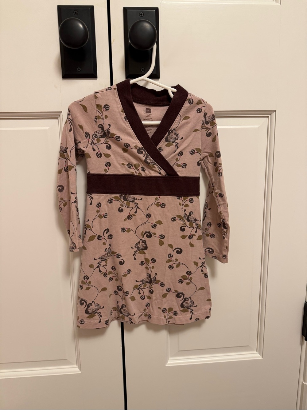 Tea Girls Floral Faux Wrap Dress with Brown Burgundy Trim